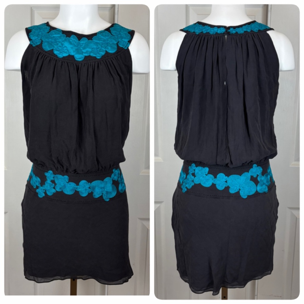 Catherine Malandrino Black Silk Turquoise Embroidered Mini Dress